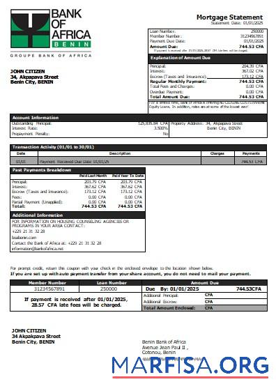 Downloadable Benin Bank of Africa bank mortgage statement scr real example